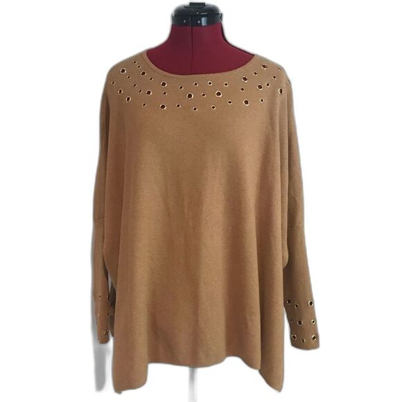 Chico's Crew Neck Grommet Sweater Poncho Women's Size S/M Camel Long Sleeves - Picture 8 of 11